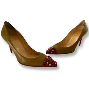 Christian Louboutin RARE Olive Green Cabo Pointed Pumps Jewelled Cap Toe EU 39.5